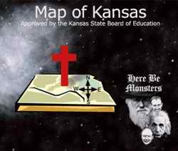 Kansas map showing cross and scientists as monsters